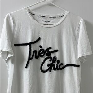 Karl Lagerfeld White Tee with Black Script Tres Chic, fringe and sequins details